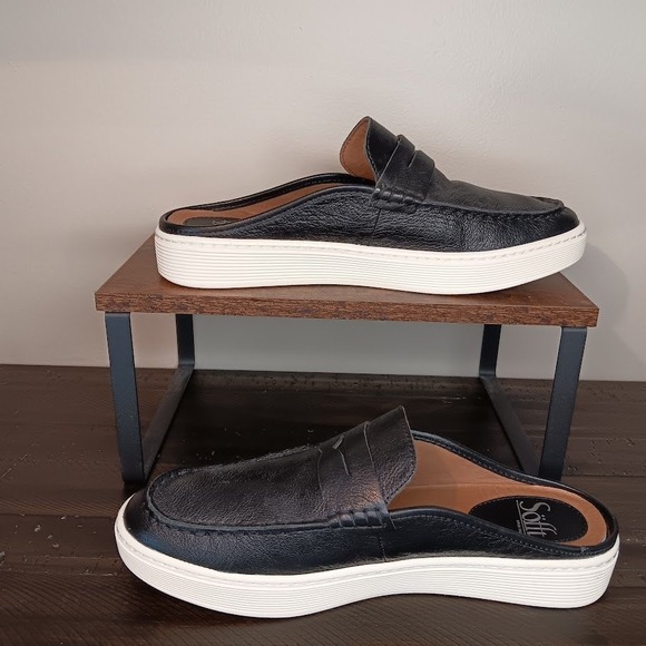 Sofft Shoes - Sofft Black Leather Slip-On Mule Clogs with White Platform Sole